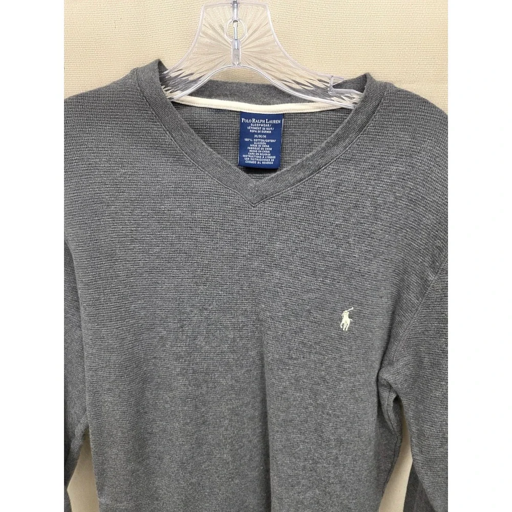 Polo Ralph Lauren Mens Grey Waffle Knit V-Neck Thermal Sleep Shirt Medium‎